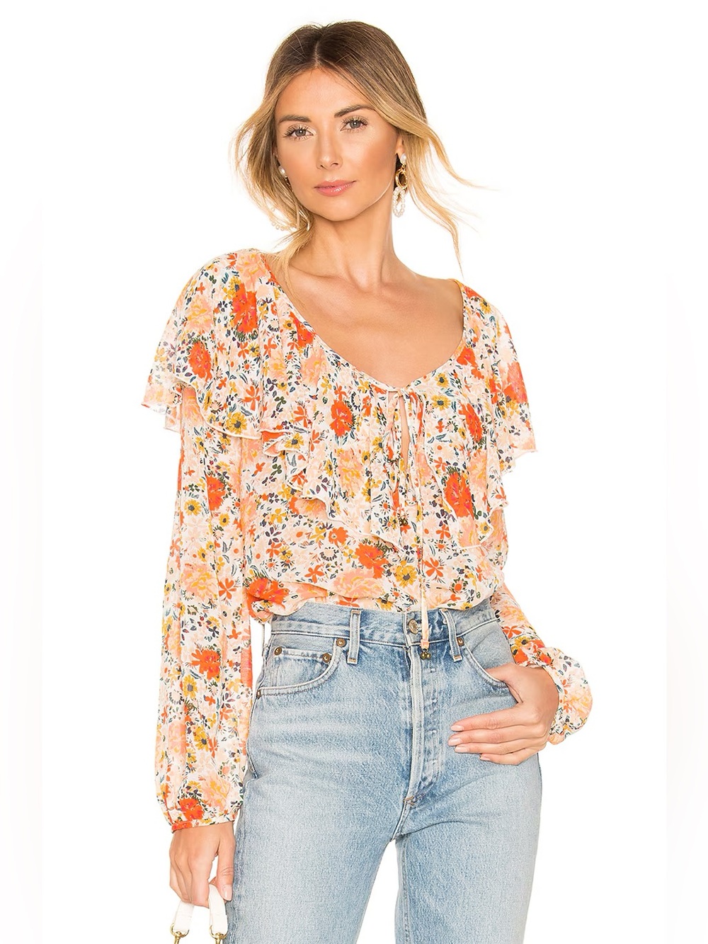 Free People Intimately Say it To Me Orange Floral Ruffle Bodysuit